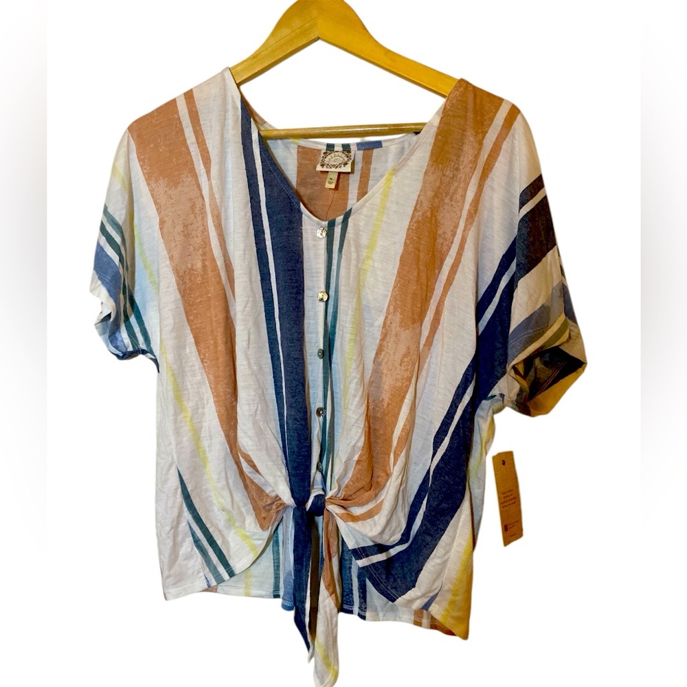 Ladies Tru Self Short Sleeve Front Tie Striped Top